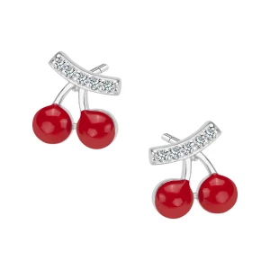 Kolczyki srebrne ozdobione czerwoną emalią i cyrkoniami - wiśnie - Mini Mini - Biżuteria YES