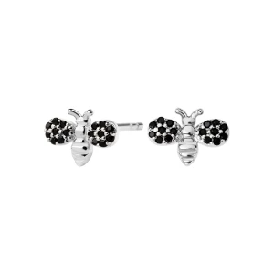 Kolczyki srebrne z czarnymi cyrkoniami - pszczoły - Mini Mini - Biżuteria YES