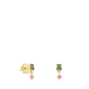 Kolczyki Tous New Motif Wykonane Ze Srebra Vermeil Z Motywem Misia Z Chromowanego Diopsydu I Rubinem - Tous