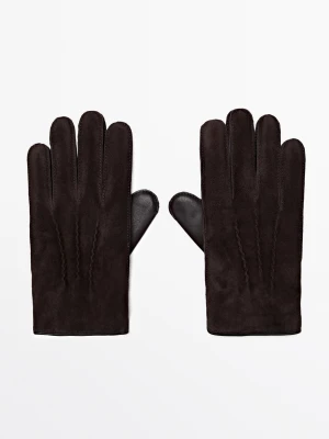 Kombinowane Skórzane Rękawiczki - Brązowy - Massimo Dutti - Male