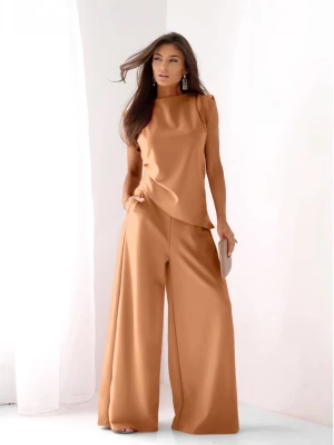 Komplet asymetryczna bluzka i spodnie ARMINA - beżowy  magmac 