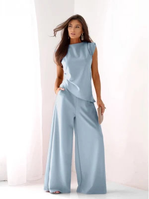 Komplet asymetryczna bluzka i spodnie ARMINA - błękitny  magmac 