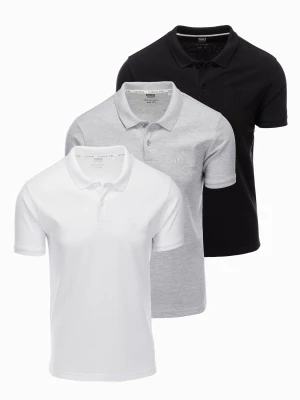 Komplet bawełnianych męskich t-shirtów polo BASIC – czarny/szary melanż/biały V2 - Rozmiar: XXL Ombre Clothing
