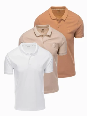 Komplet bawełnianych t-shirtów męskich polo BASIC – biały/cielisty/jasnobrązowy V6 OM-POBS-0133
 -                                    S Ombre