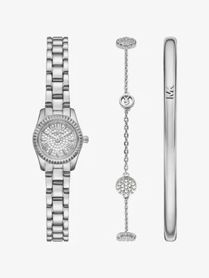 Komplet biżuterii z miniaturowym zegarkiem Lexington w srebrnym kolorze z kryształkami pavé Michael Kors