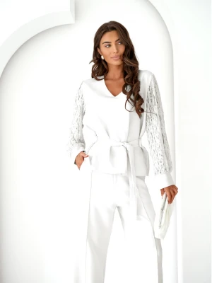 Komplet bluzka z rękawami z koronki i spodnie ROST - biały  magmac 