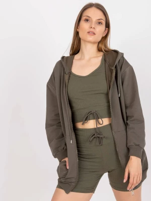 Komplet casualowy khaki casual top i bluza szorty kaptur dekolt w kształcie V rękaw długi krótki nogawka zwężana materiał prążkowany Fancy