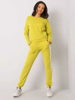 Komplet dresowy limonkowy casual sportowy bluza i spodnie dekolt okrągły rękaw długi nogawka ze ściągaczem długość długa lampasy Merg
