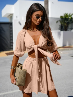 Komplet crop top z luźnymi spodenkami ZOEY - beżowy  magmac 