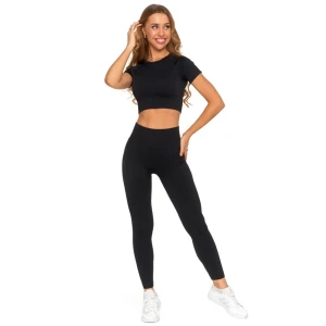 Komplet damski Moraj, top z krótkim rękawem i legginsy długie z wysokim stanem, czarne, BD1900-508 + RDL2200-013