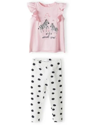 Komplet dla niemowlaka- różowy t-shirt + białe legginsy w grochy Minoti