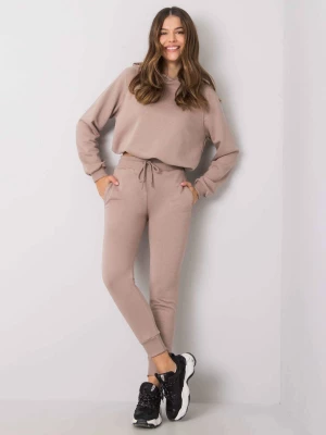 Komplet dresowy ciemny bezowy casual bluza i spodnie kaptur rękaw długi nogawka ze ściągaczem długość długa troczki Basic feel good