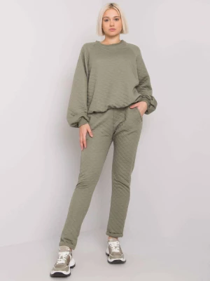 Komplet dresowy khaki casual bluza i spodnie dekolt okrągły rękaw długi nogawka prosta długość długa pikowanie troczki bufiasty Basic feel good