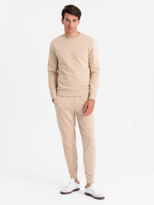 Komplet dresowy męski bawełniany BASIC bluza nierozpinana + joggery – beżowy V6 - Rozmiar: XXL Ombre Clothing