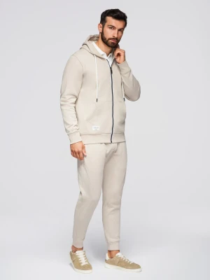 Komplet dresowy męski set bluza rozpinana z kapturem + spodnie joggery - beżowy V1 - Rozmiar: L Ombre Clothing