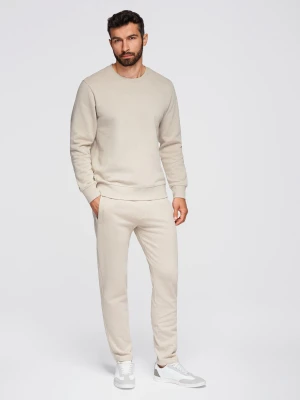Komplet dresowy męski set bluza z okrągłym dekoltem + spodnie regular fit - beżowy V1 - Rozmiar: L Ombre Clothing