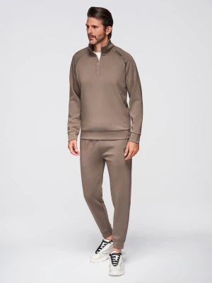 Komplet dresowy męski set bluza ze stójką + spodnie joggery - szarobrązowy V3 - Rozmiar: M Ombre Clothing