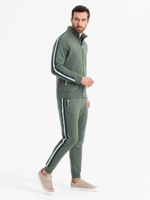 Komplet dresowy set męski bluza rozpinana + spodnie dresowe joggery - oliwkowy V2 - Rozmiar: M Ombre Clothing