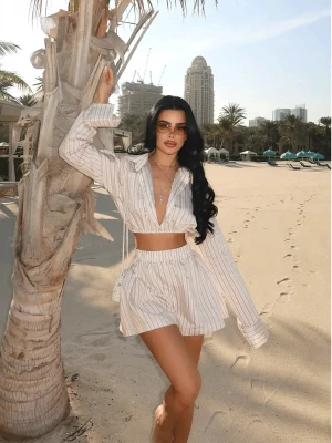 Komplet koszula i spodenki w paski LINARA - beżowy  magmac 