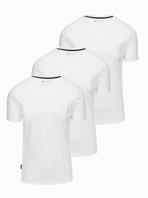 Komplet koszulek z dekoltem V i elastanem oraz subtelnym logotypem 3-pak – 3x biały V2 - Rozmiar: XL Ombre Clothing