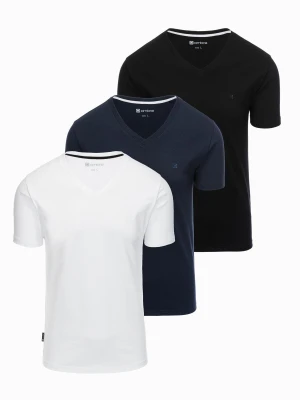 Komplet koszulek z dekoltem V i elastanem oraz subtelnym logotypem 3-pak – mix biały/granatowy/czarny V1 - Rozmiar: L Ombre Clothing