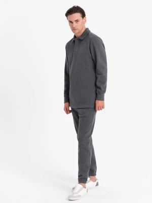 Komplet męski dresowy bluza z kołnierzem polo + spodnie - grafitowy melanż V1 - Rozmiar: S Ombre Clothing