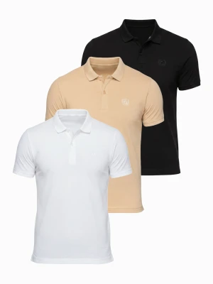 Komplet męskich bawełnianych t-shirtów polo BASIC – czarny / biały / beżowy V7 Ombre Clothing