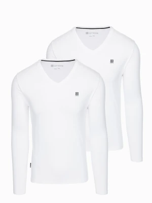 Komplet męskich longsleeve'ów SLIM FIT z dekoltem typu V i logotypem 2-pak – 2x biały V4 Ombre Clothing