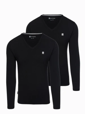 Komplet męskich longsleeve'ów SLIM FIT z dekoltem typu V i logotypem 2-pak – 2x czarny V5 - Rozmiar: XL Ombre Clothing