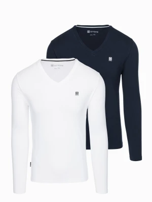 Komplet męskich longsleeve'ów SLIM FIT z dekoltem typu V i logotypem 2-pak – mix biały/granatowy V1 Ombre Clothing
