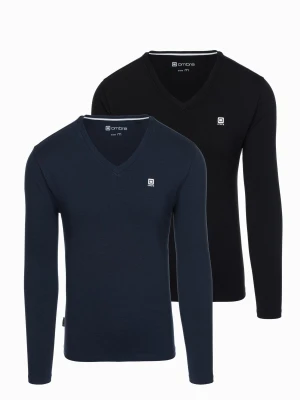 Komplet męskich longsleeve'ów SLIM FIT z dekoltem typu V i logotypem 2-pak – mix granatowy/czarny V3 - Rozmiar: S Ombre Clothing