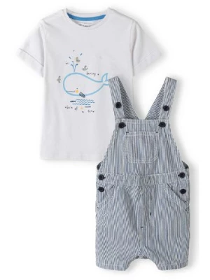 Komplet niemowlęcy bawełniany - biały t-shirt + ogrodniczki w paski Minoti