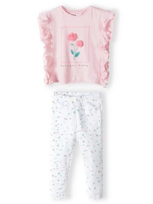 Komplet niemowlęcy - różowa bluzka + białe legginsy w kwiatki Minoti