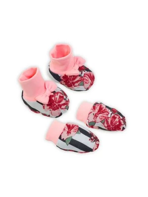 Komplet niemowlęcy w kwiaty i paski - rękawiczki + buciki - kolorowy Nicol