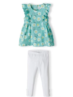 Komplet niemowlęcy - zielona bluzka w kwiaty + białe legginsy Minoti