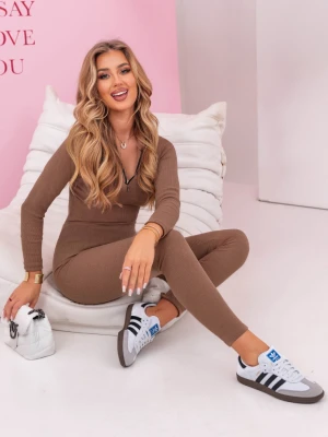 Komplet prążkowany bluzka i legginsy Sattila - mocha mousse - mocha mousse Pakuten