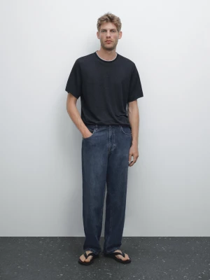 Kontrastowa Koszulka Z Dzianiny Z Mieszanki Lnu - Granatowy - - Massimo Dutti - Male