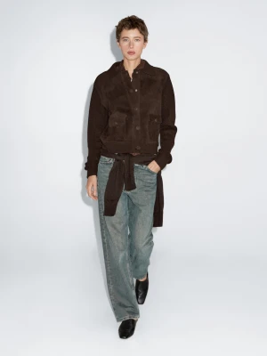 Kontrastowa Kurtka Z Dzianiny I Owczej Skóry - Czekoladowy - - Massimo Dutti - Kobieta
