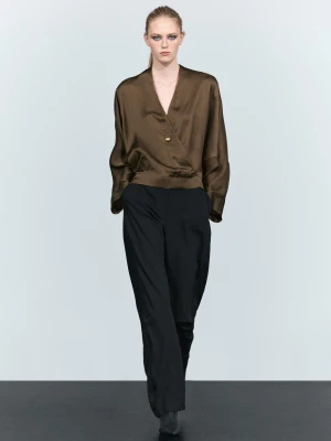 Kopertowa Bluzka Satynowa Z Nietoperzowym Rękawem - Brązowy - Massimo Dutti - Female