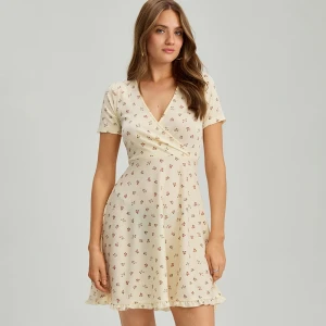 Kopertowa sukienka mini fit&flare w kwiaty żółta House