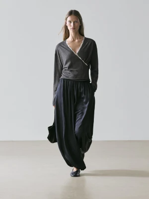 Kopertowy Kardigan Z Dzianiny Z Koronką - Szary Antracytowy - - Massimo Dutti - Kobieta