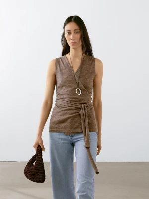 Kopertowy Top Z Dzianiny Z Mieszanki Lnu - Brązowy - - Massimo Dutti - Kobieta
