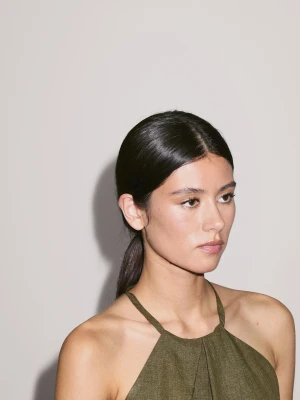 Kopertowy Top Ze 100% Lnu Z Dekoltem Halter - Zielony - - Massimo Dutti - Kobieta