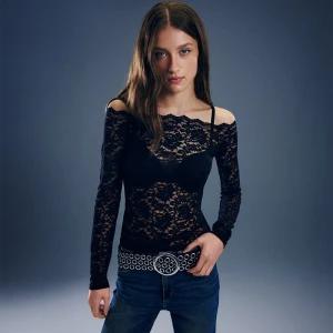 Koronkowa koszulka z długim rękawem czarna House