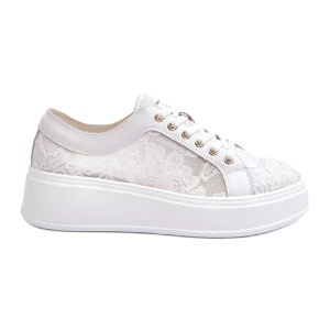Koronkowe sneakersy sportowe damskie na platformie S.Barski HY51-059 białe