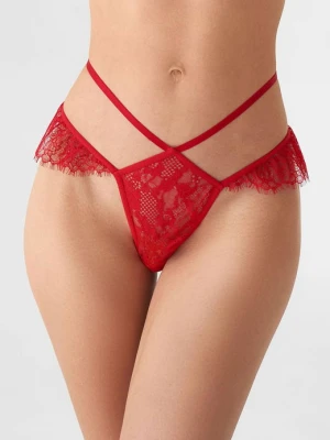 Koronkowe stringi damskie z ozdobną falbanką w kolorze rubinowo czerwonym Ruby Wine Poupee Marilyn