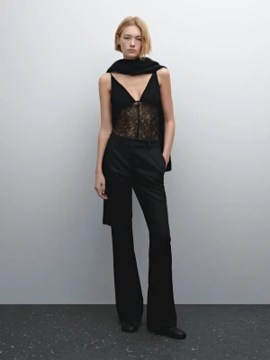 Koronkowy, Bieliźniany Top Na Ramiączkach - Czarny - - Massimo Dutti - Kobieta