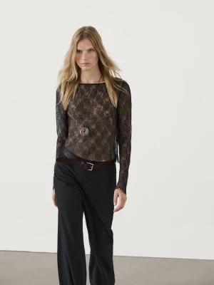 Koronkowy Top Z Długim Rękawem - Czarny - - Massimo Dutti - Kobieta