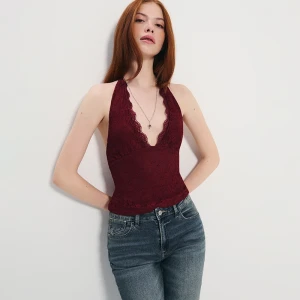 Koronkowy top z wiązaniem i głębokim dekoltem bordowy House