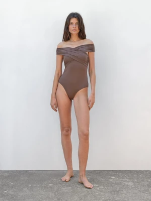 Kostium Kąpielowy Bandeau Na Skrzyżowanych Ramiączkach - Szarobrązowy - - Massimo Dutti - Kobieta